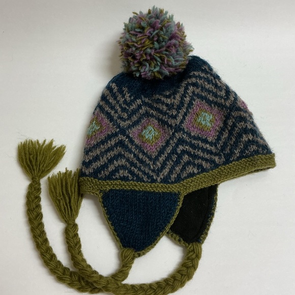 Nepal Chullo 100% Wool Hat Pom Braid Handmade Fleece Liner Knit Ski Cap Vintage - Picture 13 of 13